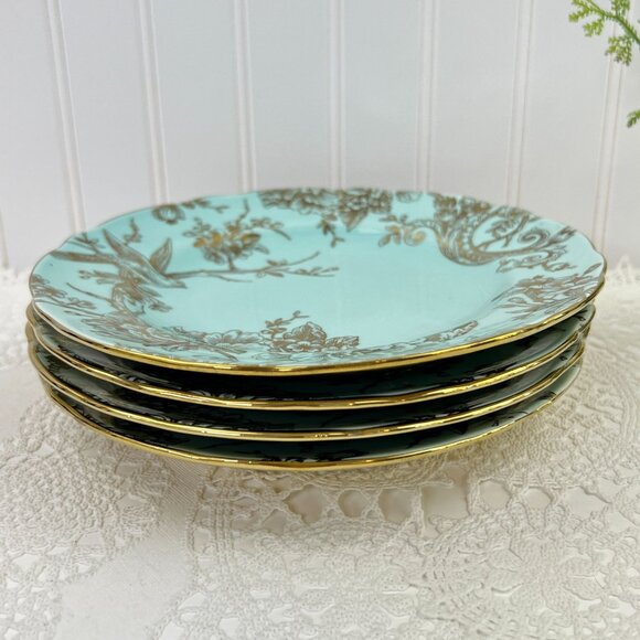 222 Fifth Adelaide Blue Gold Set of 4 Salad Lunch Plates Scalloped Edge 8.75" - Picture 2 of 11